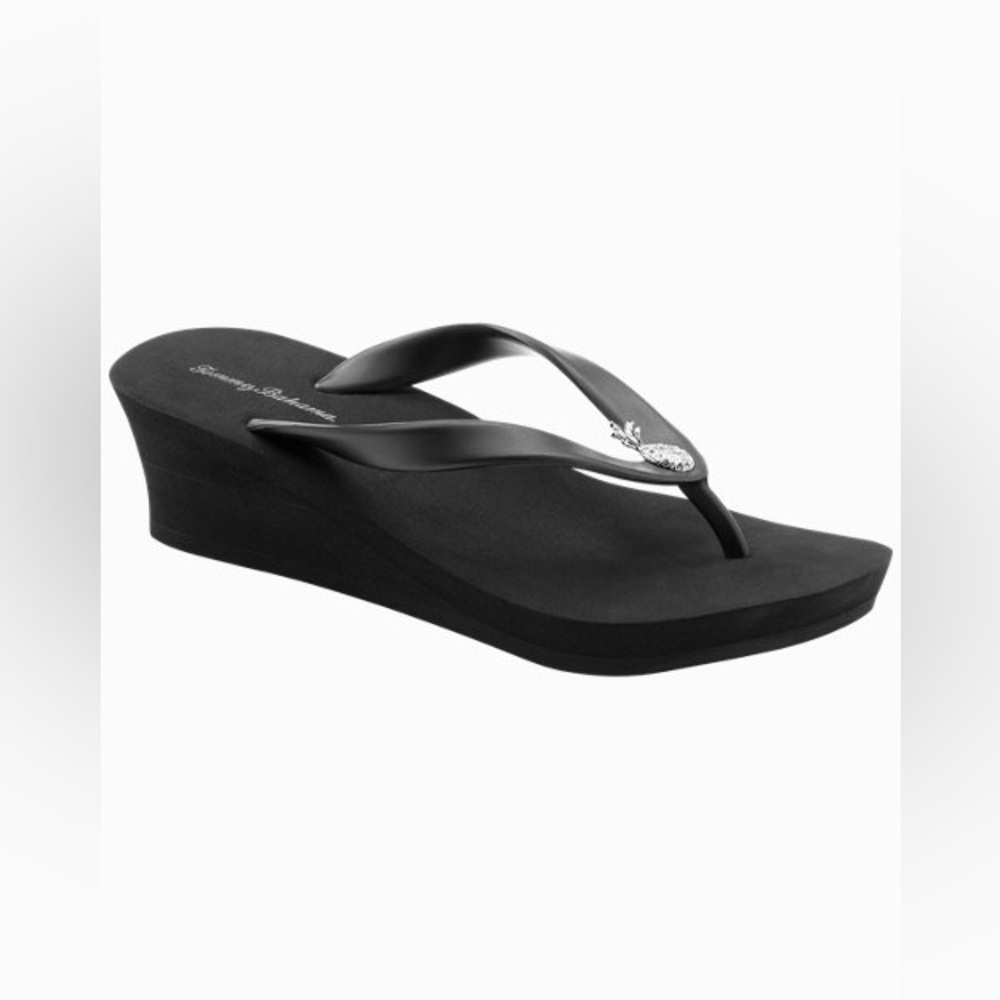 ◾️Y2K Tommy Bahama Bimini Black Wedge Flip Flops with Shell Accent